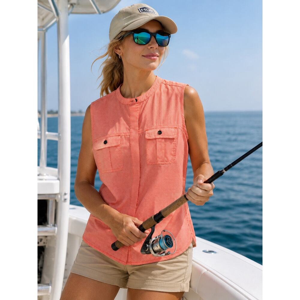 Robbin Jean Sleeveless Outdoor Fishing Shirt Coral Gingham Utility Top Women L - Picture 1 of 9